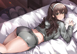 Rule 34 | 1girl, absurdres, ashigara (kancolle), ass, back, bed, bed sheet, bedroom, blush, book, breasts, brown eyes, brown hair, day, grey shirt, hairband, highres, indoors, kantai collection, kirekawa (lovelyplace), large breasts, long hair, long sleeves, looking at viewer, looking back, lying, on bed, on stomach, pajamas, pillow, reading, sandals, shirt, shorts, underbutt, wavy hair