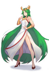 Rule 34 | 1girl, breasts, commentary, dress, english commentary, forehead jewel, green hair, hand on own hip, high heels, highres, jewelry, kid icarus, kid icarus uprising, laurel crown, legs, long hair, long legs, looking at viewer, medium breasts, nintendo, palutena, pendant, phrecklesart, side slit, solo, standing, strapless, strapless dress, thighs, tiara, vambraces