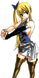 Rule 34 | 1girl, blonde hair, boots, breasts, brown eyes, brown footwear, fairy tail, feet, large breasts, long hair, looking at viewer, lucy heartfilia, mashima hiro, official art, ponytail, side ponytail, sideboob, simple background, skirt, solo, thigh boots, thighhighs, white background, zettai ryouiki