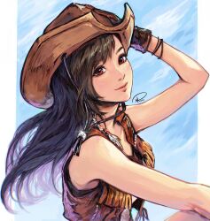 Rule 34 | 1girl, bare shoulders, black gloves, black hair, blue sky, brown hat, brown vest, closed mouth, cloud, cloudy sky, commentary, cowboy hat, cowgirl (western), crisis core final fantasy vii, english commentary, final fantasy, final fantasy vii, final fantasy vii rebirth, final fantasy vii remake, floating hair, glint, gloves, hat, highres, light blush, lips, long hair, looking at viewer, pink lips, red eyes, signature, sky, smile, solo, swept bangs, tifa lockhart, tifa lockhart (cowgirl), upper body, vest, xriviia