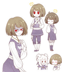 Rule 34 | 1boy, androgynous, asriel dreemurr, blush, bob cut, brown hair, chara (undertale), closed mouth, crown, eleanor (ohmyeleanor), evil grin, evil smile, closed eyes, frisk (undertale), grin, heart, heart necklace, horns, jewelry, light background, looking at viewer, mini crown, necklace, open mouth, shade, shaded face, short hair, simple background, smile, spoilers, standing, sweatdrop, teeth, undertale, white background