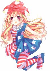 Rule 34 | 1girl, american flag dress, american flag legwear, bad id, bad twitter id, blonde hair, blush, clownpiece, collar, dress, dress shirt, eyebrows, frilled collar, frilled shirt collar, frills, hat, highres, jester cap, long hair, looking at viewer, neck ruff, open mouth, outstretched arms, pantyhose, pink eyes, polka dot, poyo (peke xox), shirt, short dress, short sleeves, simple background, sketch, smile, solo, star (symbol), striped clothes, striped dress, touhou, very long hair, white background