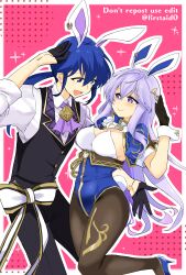Rule 34 | 1boy, 1girl, absurdres, alternate costume, animal ears, breasts, brother and sister, cleavage, easter, fake animal ears, fake tail, fire emblem, fire emblem: genealogy of the holy war, highres, julia (fire emblem), large breasts, leotard, long hair, looking at another, nintendo, open mouth, pantyhose, playboy bunny, ponytail, purple eyes, purple hair, seliph (fire emblem), siblings, simple background, smile, tail, yukia (firstaid0)