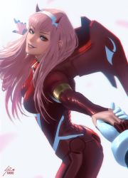 Rule 34 | 10s, 1girl, aqua eyes, bodysuit, breasts, chromatic aberration, darling in the franxx, eyeshadow, from side, green eyes, hairband, hand grab, happy, highres, holding hands, horns, makeup, medium breasts, oni horns, out of frame, outstretched arms, outstretched hand, pilot suit, pink hair, raikoart, red bodysuit, red horns, skin tight, smile, solo focus, straight hair, white hairband, zero two (darling in the franxx)
