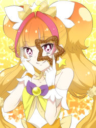 Rule 34 | 1girl, amanogawa kirara, bad id, bad pixiv id, bare shoulders, blonde hair, choker, cure twinkle, doughnut, earrings, food, gloves, go! princess precure, highres, jewelry, long hair, looking at viewer, magical girl, multicolored hair, precure, purple eyes, red hair, smile, solo, star (symbol), star earrings, two-tone hair, white gloves, yellow background