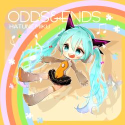 Rule 34 | 1girl, aqua eyes, aqua hair, boots, character name, chibi, copyright name, hatsune miku, long hair, mami (sweetcandy), odds &amp; ends (vocaloid), open mouth, outstretched arms, rainbow, skirt, solo, spread arms, thigh boots, thighhighs, twintails, very long hair, vocaloid