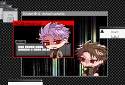 Rule 34 | 2boys, b1ue e4rth, black gloves, black jacket, black sweater, brown hair, chibi, commentary request, error message, gloves, green scarf, grey jacket, harada minoru, jacket, korean commentary, male focus, multiple boys, open clothes, open jacket, open mouth, purple hair, red eyes, ribbed sweater, saibou shinkyoku, scar, scar on face, scar on forehead, scarf, shaded face, short hair, smile, sweater, theodore riddle, turtleneck, turtleneck sweater