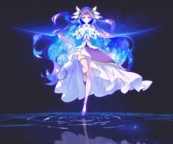 Rule 34 | 1girl, blue eyes, circlet, cure earth, dress, elbow gloves, floating hair, full body, gloves, hair intakes, healin&#039; good precure, high heels, highres, kyoutsuugengo, layered dress, long hair, precure, pumps, purple dress, purple footwear, purple hair, solo, standing, standing on one leg, thighlet, very long hair, water surface, water world, white gloves