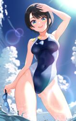 Rule 34 | 1girl, absurdres, black hair, black one-piece swimsuit, blue eyes, blue sky, cloud, competition swimsuit, covered navel, curio (curiofinity), day, goggles, highres, hololive, lens flare, looking at viewer, one-piece swimsuit, oozora subaru, open mouth, outdoors, round teeth, short hair, sky, solo, swept bangs, swimsuit, teeth, two-tone swimsuit, unworn goggles, upper teeth only, virtual youtuber, wading, water