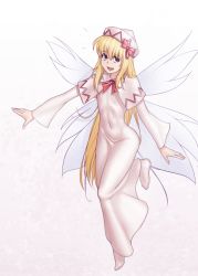 Rule 34 | 1girl, aged up, blonde hair, blue eyes, breasts, covered navel, dress, fairy wings, flat chest, hat, hater (hatater), highres, lily white, long hair, long sleeves, looking at viewer, no shoes, piercing, simple background, smile, solo, tongue piercing, touhou, white dress, wings