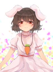 Rule 34 | 1girl, abstract background, animal ears, arms at sides, blurry, blurry background, brown hair, carrot necklace, cowboy shot, dress, eyebrows hidden by hair, gradient background, high collar, inaba tewi, jewelry, light smile, looking at viewer, nacoty, necklace, pink dress, puffy short sleeves, puffy sleeves, rabbit ears, red eyes, short hair, short sleeves, solo, standing, touhou