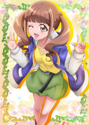 Rule 34 | 1girl, ;d, belt, belt buckle, black belt, brown eyes, brown hair, buckle, cardigan, green skirt, hanzou, healin&#039; good precure, heart, highres, hiramitsu hinata, hood, hood down, hooded cardigan, index finger raised, long hair, miniskirt, one eye closed, open cardigan, open clothes, open mouth, outstretched hand, precure, shirt, skirt, smile, solo, sparkle, standing, twintails, yellow shirt