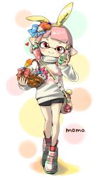 Rule 34 | 1girl, animal ears, artist name, bag, basket, black shorts, blue bow, blue bowtie, blunt bangs, bow, bowtie, closed mouth, commentary, easter, easter egg, egg, english text, fake animal ears, full body, hair bow, handbag, heart, heel up, highres, holding, holding basket, inkling, inkling girl, inkling player character, long sleeves, looking at viewer, mokokoiro, nintendo, pink eyes, pink footwear, pink hair, pointy ears, rabbit ears, shoes, short hair, short shorts, shorts, signature, smile, solo, splatoon (series), standing, stuffed animal, stuffed rabbit, stuffed toy, sweater, tentacle hair, turtleneck, white background, white sweater