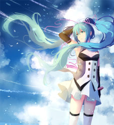 Rule 34 | 1girl, arm at side, arm up, armpits, bangle, black gloves, blue eyes, blue hair, bracelet, breast tattoo, breasts, buttons, cleavage cutout, closed mouth, clothing cutout, contrail, day, double-breasted, elbow gloves, expressionless, floating hair, gloves, hair ribbon, hatsune miku, jewelry, legs apart, long hair, looking away, looking to the side, muko (kokia38), nijigen dream fever (vocaloid), number tattoo, outdoors, pink ribbon, ribbon, shirt, small breasts, solo, tattoo, thighhighs, twintails, very long hair, vest, vocaloid, white shirt, white thighhighs, wind, zettai ryouiki