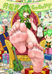 1girl absurdres armchair barefoot blush box cat chair feet gift gift_box green_hair guitar highres instrument lan_dou_ni long_hair looking_at_viewer pov soles toes tongue tongue_out yellow_eyes