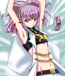 Rule 34 | 00s, 1girl, anya alstreim, breasts, cellphone, code geass, expressionless, lying, midriff, phone, small breasts, solo, underboob