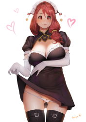 Rule 34 | 1girl, :p, bad id, bad pixiv id, black thighhighs, blush, bow, bow panties, breasts, brown eyes, brown hair, cleavage, clothes lift, dress, dress lift, elbow gloves, gloves, jellytits-7, large breasts, long hair, looking at viewer, maid, maid headdress, medium breasts, mole, mole under eye, panties, panty pull, red hair, simple background, smile, solo, thighhighs, tongue, tongue out, underwear, white background, white gloves, white panties