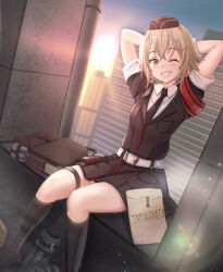 Rule 34 | 1girl, armband, arms behind head, belt, black hat, black jacket, black necktie, black socks, blonde hair, blue eyes, blush, boots, brown bag, building, canteen, commentary, commission, english text, envelope, foot out of frame, garrison cap, girls&#039; frontline, grin, hair ornament, hairclip, hat, highres, industrial pipe, jacket, kneehighs, looking at viewer, manila envelope, military, military hat, military uniform, mp41 (girls&#039; frontline), necktie, one eye closed, pouch, red armband, shirt, short hair, short sleeves, sitting, skirt, skyscraper, smile, socks, solo, sugawara you, sunrise, thigh strap, uniform, unworn boots, white belt, white shirt, white skirt, white wrist cuffs, wrist cuffs