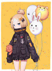 Rule 34 | 1girl, abigail williams (fate), abigail williams (traveling outfit) (fate), bad id, bad pixiv id, balloon, black bow, black jacket, blonde hair, blue eyes, blush, bow, commentary request, coraman, fate/grand order, fate (series), hair bow, hair bun, highres, holding, holding balloon, jacket, long hair, long sleeves, looking at viewer, medjed (fate), hugging object, official alternate costume, orange bow, parted bangs, parted lips, polka dot, polka dot bow, single hair bun, sleeves past fingers, sleeves past wrists, solo, stuffed animal, stuffed toy, teddy bear