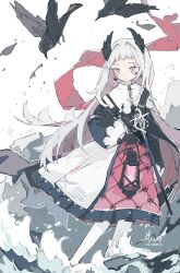 Rule 34 | 1girl, arknights, artist name, bird, black dress, cape, capelet, closed mouth, commentary, crow, dress, english commentary, expressionless, feet out of frame, grey eyes, head wings, highres, holding, holding lantern, irene (arknights), lantern, long hair, long sleeves, melanbread, pantyhose, puffy long sleeves, puffy sleeves, rapier, red cape, scar, scar across eye, sheath, sheathed, sword, very long hair, water, waves, weapon, white capelet, white pantyhose, wings