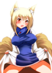 Rule 34 | 1girl, animal ears, bare legs, blonde hair, blush stickers, breasts, clothes lift, covered erect nipples, dress, dress lift, fox ears, fox tail, large breasts, long dress, long sleeves, looking at viewer, merry (diameri), multiple tails, orange eyes, short hair, solo, tabard, tail, thighs, tight clothes, tight dress, touhou, white dress, yakumo ran