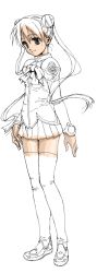 Rule 34 | 00s, 1girl, armlet, brown eyes, bun cover, full body, katase shima, partially colored, pleated skirt, simple background, skirt, smile, solo, standing, thighhighs, uchuu no stellvia, unfinished, white background, zettai ryouiki