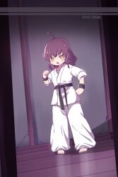 Rule 34 | 1girl, absurdres, ahoge, artist name, barefoot, belt, black belt, chinese commentary, commentary request, dougi, full body, highres, kuma-bound, martial arts belt, medium hair, open mouth, original, pants, red hair, solo, standing, toes, white pants, yellow eyes