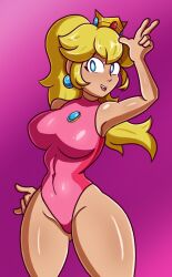 Rule 34 | 1girl, arm up, armpits, blonde hair, blue eyes, breasts, covered navel, curvy, highres, large breasts, legs, long hair, looking at viewer, mario &amp; sonic at the london 2012 olympic games, mario &amp; sonic at the olympic games, mario (series), nintendo, one-piece swimsuit, open mouth, ponytail, princess, princess peach, robvemoo, smile, solo, swimsuit, thick thighs, thighs, v