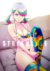 Rule 34 | 1girl, bikini, breasts, cleavage, clenched hand, closed mouth, commentary request, couch, english text, green eyes, green nails, ikeda (hayato), leaning back, leg up, looking at viewer, medium hair, multicolored bikini, multicolored clothes, multicolored hair, multicolored legwear, nail polish, original, short twintails, sitting, smile, solo, string bikini, swept bangs, swimsuit, thighhighs, twintails
