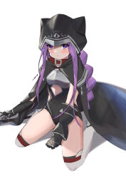 Rule 34 | 1girl, absurdres, armor, black gloves, black leotard, blush, braid, breastplate, buckle, closed mouth, clothing cutout, collar, fate/grand order, fate (series), gloves, highres, hood, hood up, kneeling, leotard, long hair, looking at viewer, medusa (fate), medusa (lancer) (fate), medusa (rider) (fate), purple eyes, purple hair, rider, simple background, solo, taruto (takug0812), thighhighs, very long hair, white background, white thighhighs