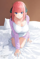 Rule 34 | 1girl, all fours, artist name, bed sheet, blanket, blue eyes, blunt bangs, blush, breasts, butterfly hair ornament, closed mouth, collarbone, full body, go-toubun no hanayome, hair ornament, highres, large breasts, looking at viewer, nail polish, nakano nino, naughty face, nhaliz, on bed, pillow, pink hair, pink nails, pink skirt, pink sleeves, raglan sleeves, shirt, short hair, signature, skirt, smile, solo, watermark, web address, white shirt