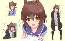 Rule 34 | alternate costume, animal ears, blush, boots, brown hair, casual, collarbone, commentary request, closed eyes, fine motion (umamusume), food, green background, hair ornament, highres, horse ears, horse girl, hug, noodles, open mouth, ramen, ryouta (ryouta335), school uniform, simple background, smile, tracen school uniform, umamusume