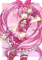 Rule 34 | 10s, 1girl, :d, aqua eyes, bow, braid, brooch, choker, cure melody, dress, frills, hair ribbon, happy, heart, houjou hibiki, jewelry, kunn03, long hair, magical girl, midriff, musical note, navel, open mouth, pink bow, pink hair, pink theme, pink thighhighs, precure, ribbon, smile, solo, suite precure, thighhighs, twintails, wrist cuffs