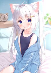 Rule 34 | 1girl, ahoge, animal ear fluff, animal ears, bed, bedroom, blue eyes, blue jacket, blue one-piece swimsuit, blush, cat ears, cat girl, cat tail, collarbone, commentary request, hair ornament, hairclip, highres, indoors, jacket, jacket partially removed, long hair, long sleeves, looking at viewer, matchanear, no pants, off shoulder, one-piece swimsuit, open clothes, open jacket, open mouth, original, pillow, school swimsuit, sitting, sleeves past wrists, solo, swimsuit, swimsuit under clothes, tail, track jacket, twintails, white hair, window