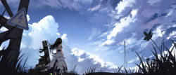Rule 34 | 1girl, absurdres, bare arms, bare back, bare shoulders, black hair, blue sky, bow, box, cloud, cloudy sky, commentary request, crate, day, dress, dress bow, female focus, field, flower, frilled dress, frills, from behind, from below, girls&#039; frontline, grass, green headwear, headphones, high voltage symbol, highres, landscape, long hair, looking away, m4a1 (girls&#039; frontline), m4a1 (mod3) (girls&#039; frontline), mod3 (girls&#039; frontline), outdoors, own hands together, partial commentary, plant, power lines, ribbed dress, scenery, sign, sky, solo, standing, strapless, strapless dress, sunlight, utility pole, waistband, wallpaper, warning sign, weapon case, white dress, wjn-rance