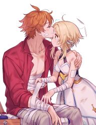 Rule 34 | 1boy, 1girl, applying bandages, bandaged arm, bandages, blonde hair, blush, closed eyes, closed mouth, commentary request, dirty, dress, genshin impact, grey pants, hair between eyes, hand on another&#039;s shoulder, hetero, highres, kiss, kissing forehead, lumine (genshin impact), natsukko 0606, open clothes, open shirt, orange hair, pants, red shirt, shirt, short hair with long locks, simple background, sitting, tartaglia (genshin impact), white background, white dress