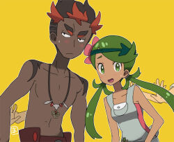 Rule 34 | 1boy, 1girl, 2others, blush, collarbone, commentary request, creatures (company), dark-skinned female, dark-skinned male, dark skin, flower, game freak, green eyes, green hair, hair flower, hair ornament, kiawe (pokemon), looking at viewer, mallow (pokemon), masso n, multicolored hair, multiple others, nintendo, open mouth, outline, pokemon, pokemon sm, pushing, red hair, sweat, topless male, two-tone hair, v-shaped eyebrows, white outline, yellow background
