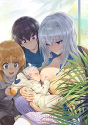 Rule 34 | 10s, 3girls, :d, aran sweater, baby, black legwear, blue eyes, boko (girls und panzer), boko (girls und panzer) (cosplay), breastfeeding, breasts, brown eyes, brown hair, cable knit, closed eyes, closed mouth, clothes pull, cosplay, girls und panzer, highres, hood, hoodie, itsumi erika, ladic, light brown hair, medium breasts, medium hair, multiple girls, nishizumi maho, nishizumi miho, one breast out, onesie, open mouth, pantyhose, shirt pull, silver hair, smile, sweater, tareme, tsurime, turtleneck