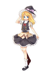 Rule 34 | 1girl, absurdres, amemiya ruki, blonde hair, blue eyes, braid, female focus, full body, hair ribbon, hand on headwear, hat, highres, kirisame marisa, lace, long hair, mary janes, open mouth, ribbon, shoes, side braid, simple background, single braid, skirt, skirt set, smile, solo, touhou, undefined fantastic object, white background, white legwear, witch, witch hat