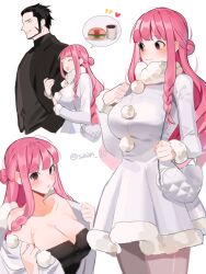 Rule 34 | 1boy, 1girl, bag, black suit, blush, breasts, burger, cleavage, coat, coffee, commentary, dracule mihawk, food, formal, hair bun, handbag, holding, holding bag, imagining, joman, large breasts, long hair, looking at another, looking at viewer, multiple views, one piece, pantyhose, perona, pink hair, signature, suit, symbol-only commentary, very long hair, white background, white coat