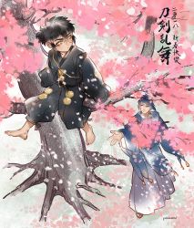 Rule 34 | barefoot, black hair, cherry blossoms, child, doudanuki masakuni, faux traditional media, from below, in tree, japanese clothes, male focus, mikazuki munechika, outstretched hand, pukun, short ponytail, sitting, sitting in tree, thick outlines, touken ranbu, tree, aged down