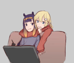 Rule 34 | 2girls, arm around neck, blonde hair, blue eyes, blunt bangs, couch, couple, drawing tablet, fang, female focus, gloves, gradient hair, grey background, hair ornament, hairband, hand on own chin, hololive, hololive english, long hair, long sleeves, multicolored hair, multiple girls, ninomae ina&#039;nis, open mouth, orange hair, orinte, parted bangs, purple eyes, purple hair, purple sweater, red sweater, short hair, simple background, sitting, sleeves past wrists, smile, sweater, swept bangs, virtual youtuber, watson amelia