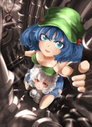 Rule 34 | 2girls, bad id, bad pixiv id, blue eyes, blue hair, carrying, female focus, hair bobbles, hair ornament, hat, highres, inubashiri momiji, kawashiro nitori, multiple girls, piggyback, pipeline, industrial pipe, reaching, red eyes, shirorin (ballet girl&#039;s), short hair, shoulder carry, silver hair, touhou, twintails, two side up
