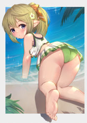 Rule 34 | 1girl, all fours, ass, bare arms, bare legs, bare shoulders, barefoot, beach, bikini, blush, bow, brown bow, brown hair, closed mouth, commentary request, feet, granblue fantasy, hair between eyes, hair bow, harvin, looking at viewer, looking back, mimlememel, ponytail, purple eyes, sand, soles, solo, swimsuit, uneg, water, wet, white bikini