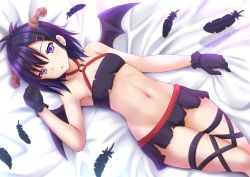 Rule 34 | 10s, 1girl, :o, armpits, bandeau, bare shoulders, bed sheet, black gloves, black panties, breasts, collarbone, criss-cross halter, demon wings, dutch angle, eyelashes, feathers, gabriel dropout, gloves, groin, hair between eyes, hair ornament, hairclip, halterneck, highres, horns, kazenokaze, looking at viewer, lying, microskirt, midriff, navel, o-ring, o-ring top, on back, on bed, panties, parted lips, purple eyes, purple gloves, purple hair, purple panties, purple ribbon, purple skirt, purple wings, ribbon, shadow, sheet grab, short hair, skirt, small breasts, solo, stomach, strapless, thigh strap, torn clothes, torn skirt, tube top, underboob, underwear, vignette tsukinose april, wings, x hair ornament