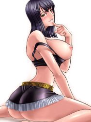 Rule 34 | 1girl, ass, back, bare shoulders, barefoot, black hair, blush, breasts, female focus, highres, huge breasts, kagami hirotaka, long hair, looking at viewer, looking back, midriff, miniskirt, nico robin, nipples, one piece, parted lips, short hair, simple background, sitting, skirt, smile, solo, strap slip, tank top, wariza, white background, yellow eyes