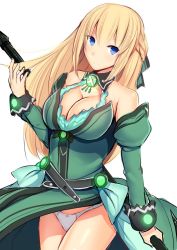 Rule 34 | 1girl, bare shoulders, blonde hair, blue eyes, braid, breasts, cleavage, daiaru, french braid, holding, holding weapon, large breasts, long hair, neptune (series), polearm, solo, spear, vert (neptunia), weapon