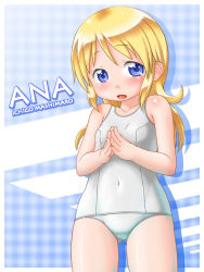 Rule 34 | 1girl, ana coppola, blonde hair, blue background, blue eyes, blush, breasts, collarbone, grey one-piece swimsuit, hands together, highres, ichigo mashimaro, long hair, looking at viewer, one-piece swimsuit, open mouth, school swimsuit, shimotsuki shin, small breasts, solo, standing, swimsuit, two-tone background, white background, white one-piece swimsuit