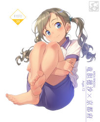 Rule 34 | 1girl, barefoot, blue eyes, blue shorts, blush, brown hair, closed mouth, collared shirt, commentary request, feet, full body, gym shirt, gym shorts, gym uniform, hair tie, head tilt, highres, hugging own legs, legs, long hair, original, pairan, shirt, short shorts, short sleeves, shorts, soles, solo, toenails, toes, twintails, white background, white shirt