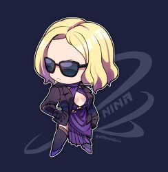 Rule 34 | 1girl, black coat, black gloves, black thighhighs, blonde hair, breasts, character name, chibi, cleavage, closed mouth, coat, dress, gloves, grey background, kotorai, looking to the side, medium breasts, nina williams, no nose, purple dress, purple footwear, shoes, short hair, side slit, signature, solo, sunglasses, tekken, thighhighs